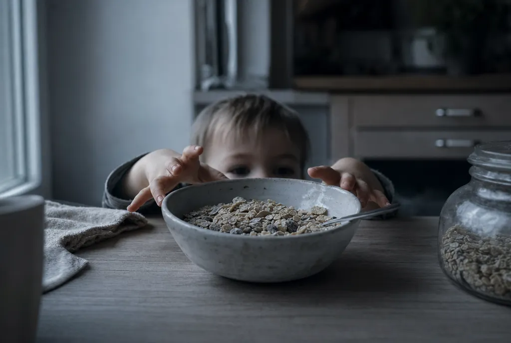 Kinderhände greifen nach einer Scheibe Brot am Küchentisch