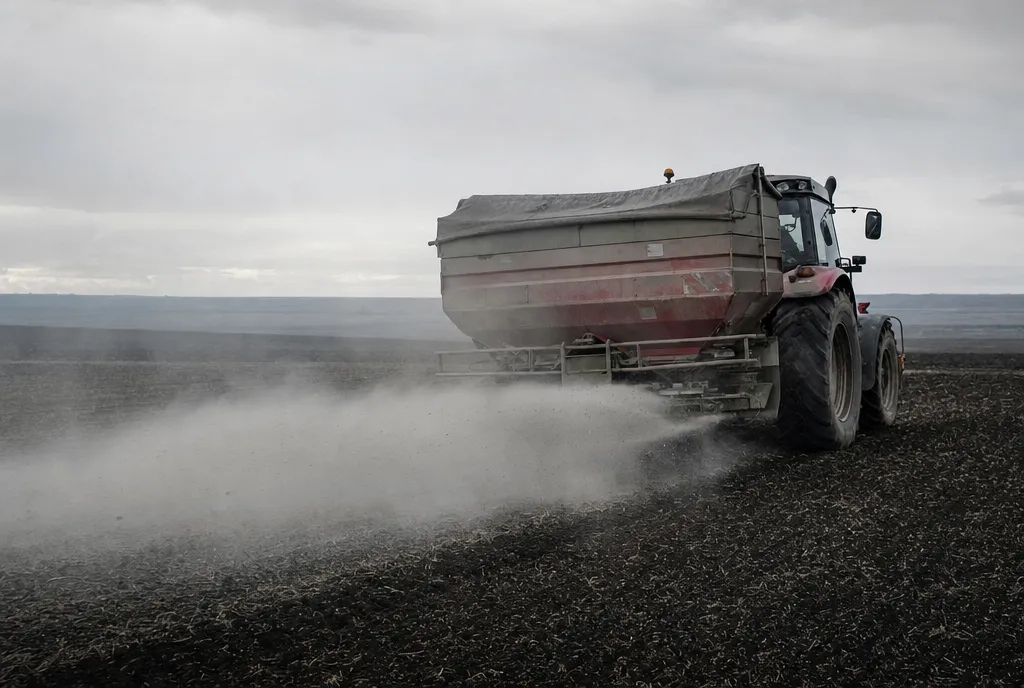 Landwirtschaftliche Maschine bringt mineralischen Dünger auf einem Acker aus