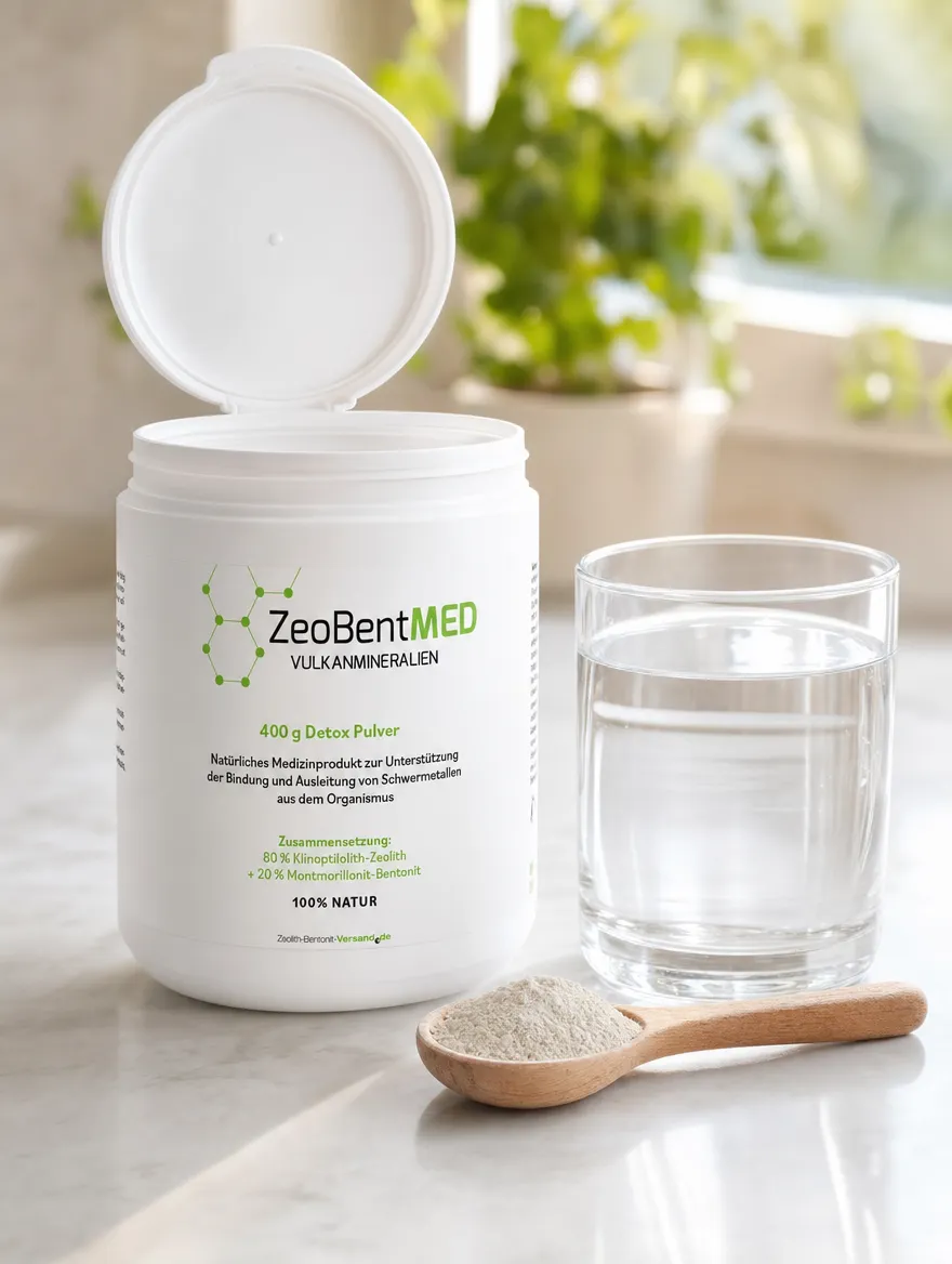 ZeoBentMED Detox-Pulver mit aufgeklapptem Deckel, ein Löffel Mineralpulver und ein Glas Wasser