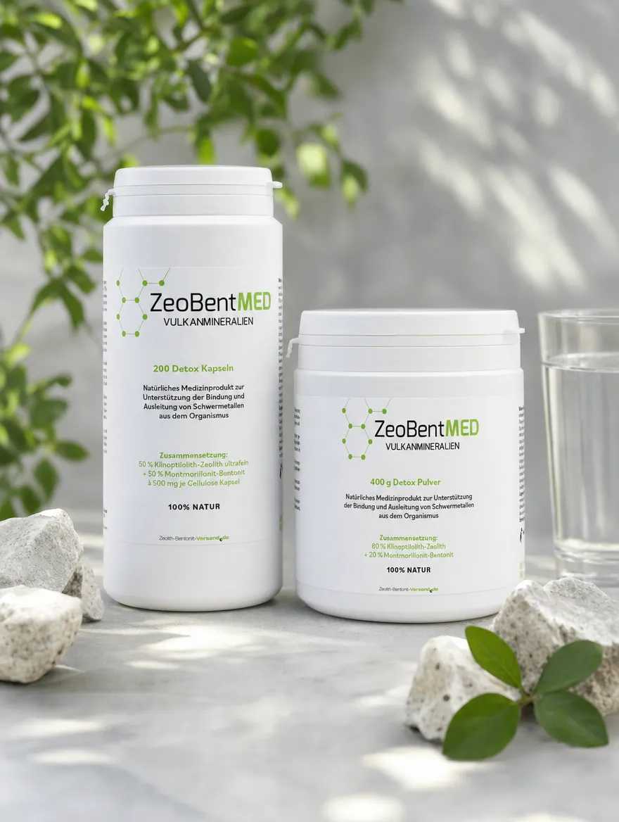 ZeoBentMED Detox-Pulver und Kapseln nebeneinander mit natürlichen Mineralien